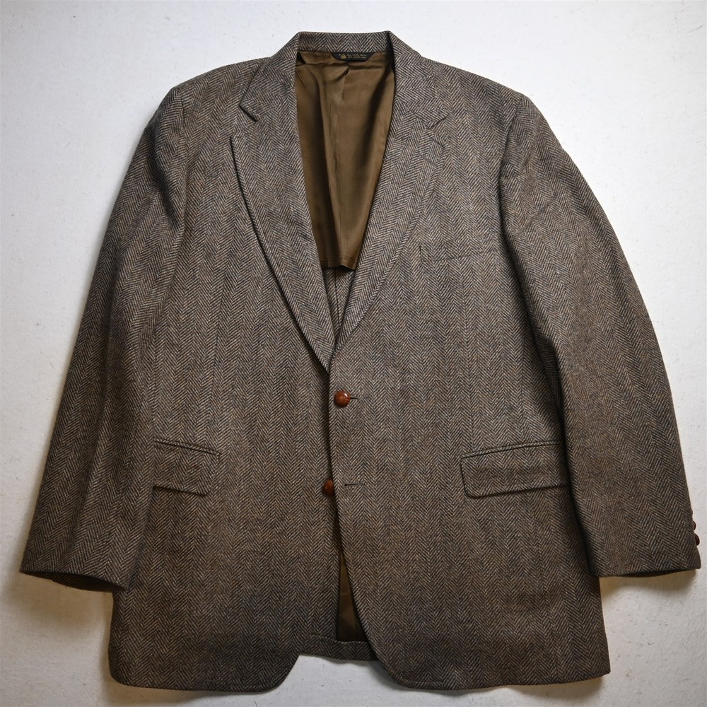 Vtg USA Made 46L Brown Herringbone 100% Wool Tweed Slim Blazer Sport Coat